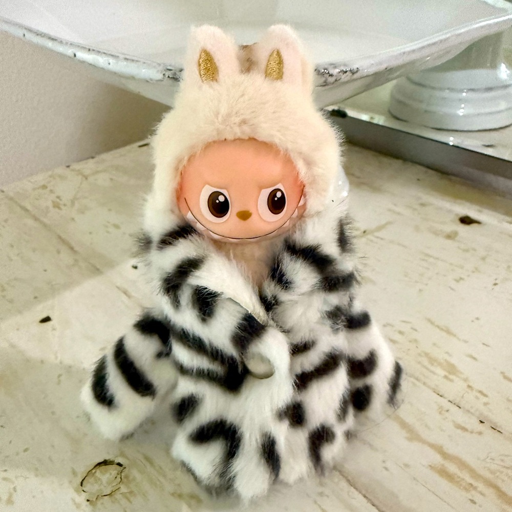 Plush Faux Fur Hooded Doll Coat - Cream & Black
